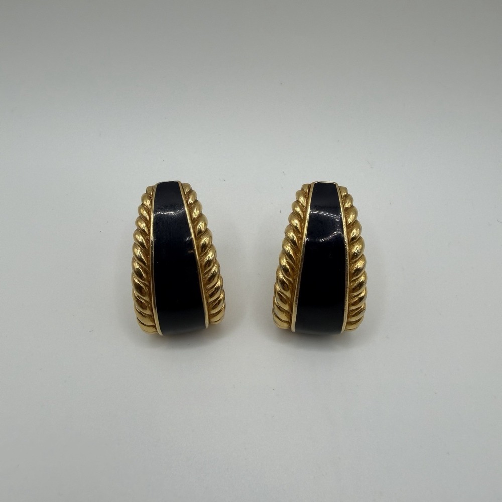 Vintage Ciner Navy Blue Enamel Gold Tone Rope Half Hoop Huggie Clip Earrings